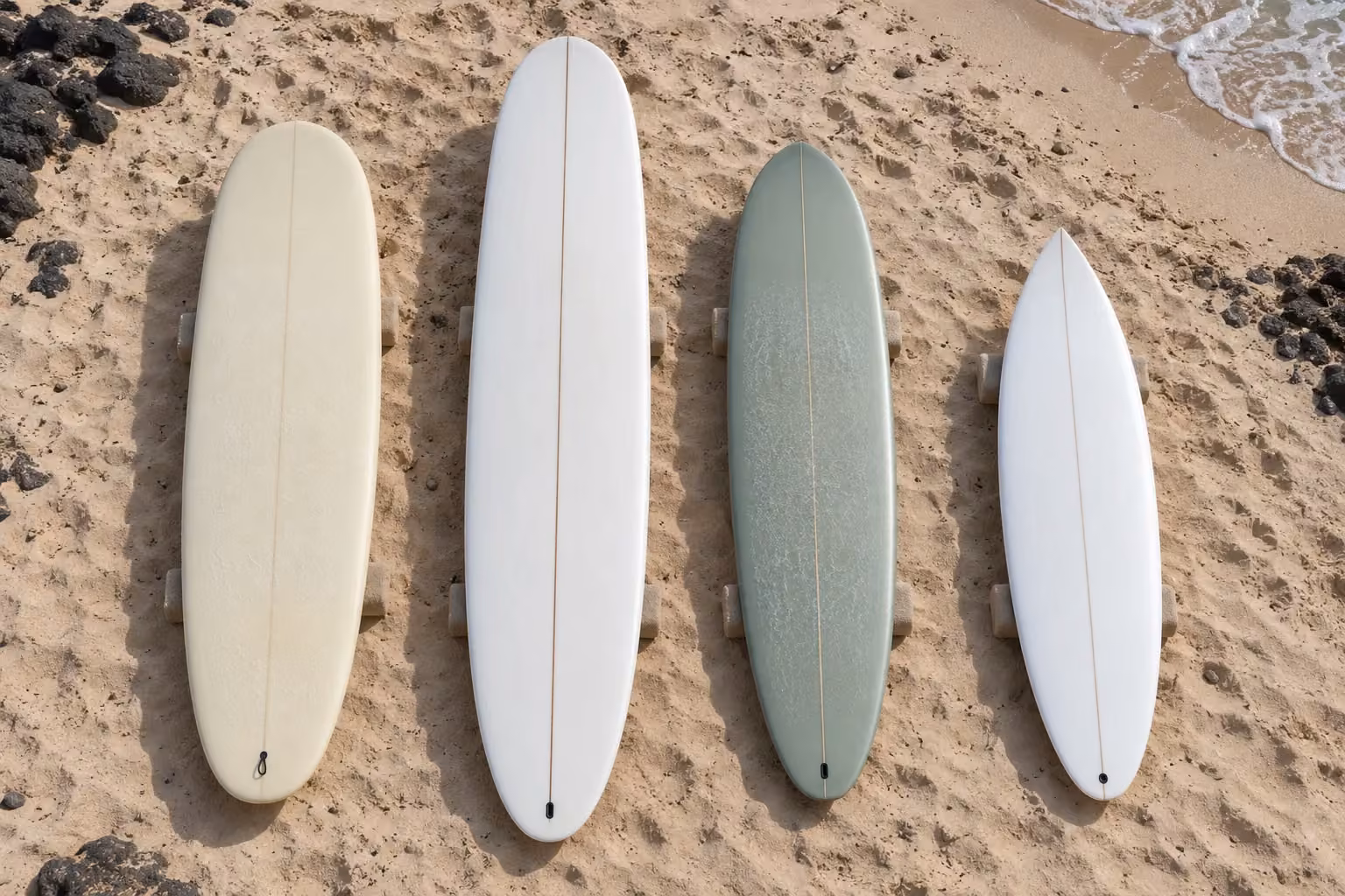Unterschiedliche Surfboard-Typen liegen nebeneinander am Strand.