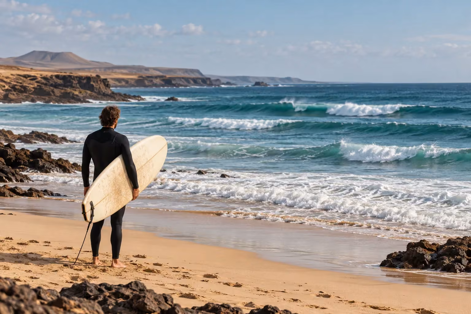 Surfer beobachtet vom Strand aus die brechenden Wellen.
