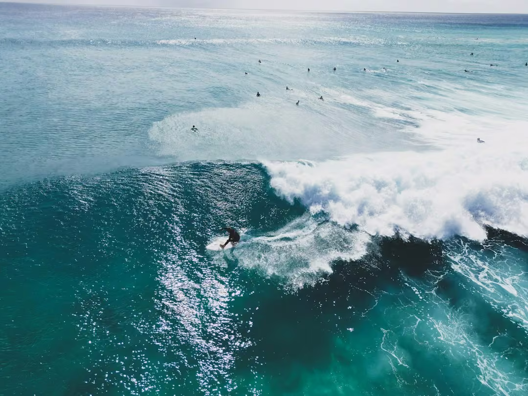 Ein Surfer auf einer Welle vor Fuerteventura