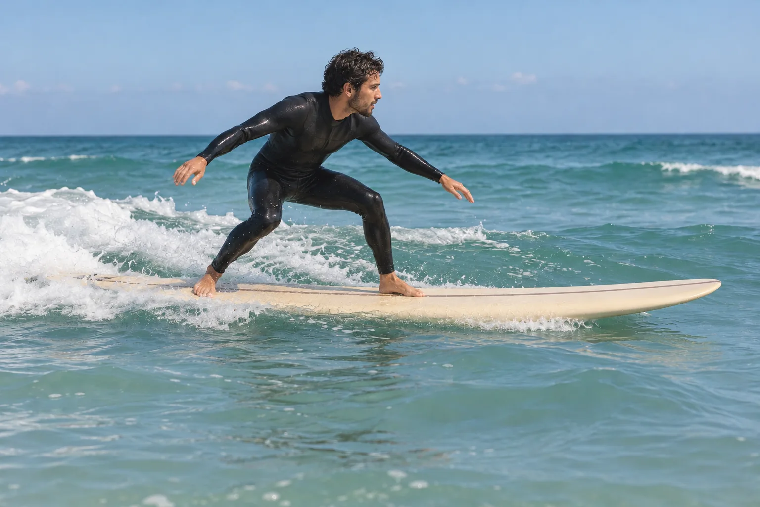 Surfanfänger steht mit gebeugten Knien auf einem Softboard. Surfanfänger steht mit gebeugten Knien auf einem Softboard.